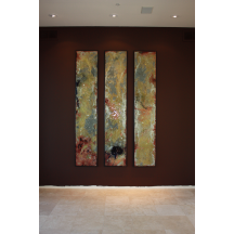 Triptych

	Triptych by Greg Schadt 22" X 108" . Each panel consists of all of the warm colors in the artist series with bits of copper, brass and dichroic glass fused together into three stunning panels.  List price $7800.00